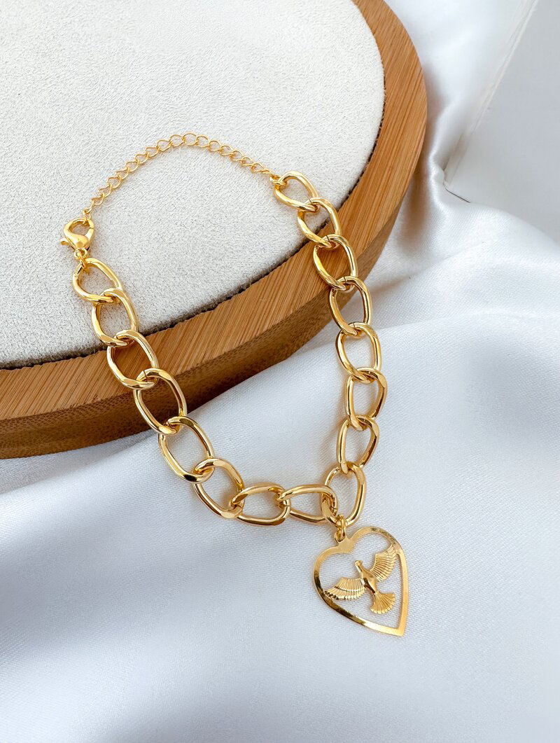 Pulseira Folheada a Ouro 18k Elos com Coração Espírito Santo