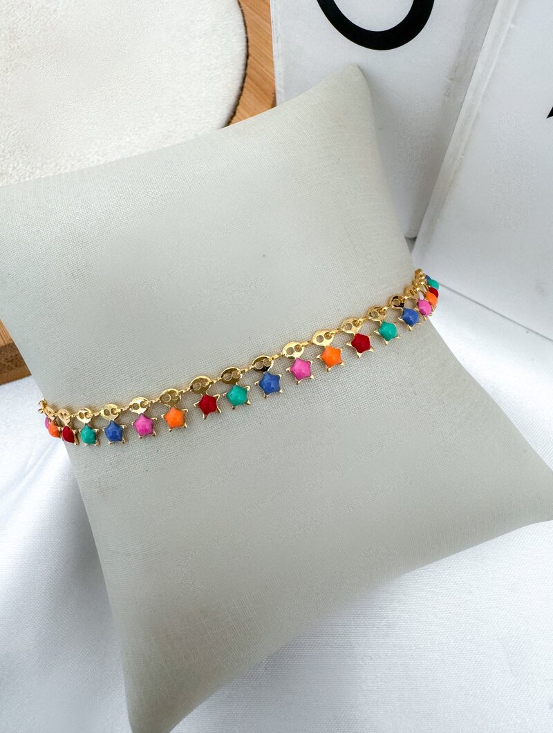 Pulseira Folheada a Ouro 18k Elos com Estrelas Coloridas Resinadas