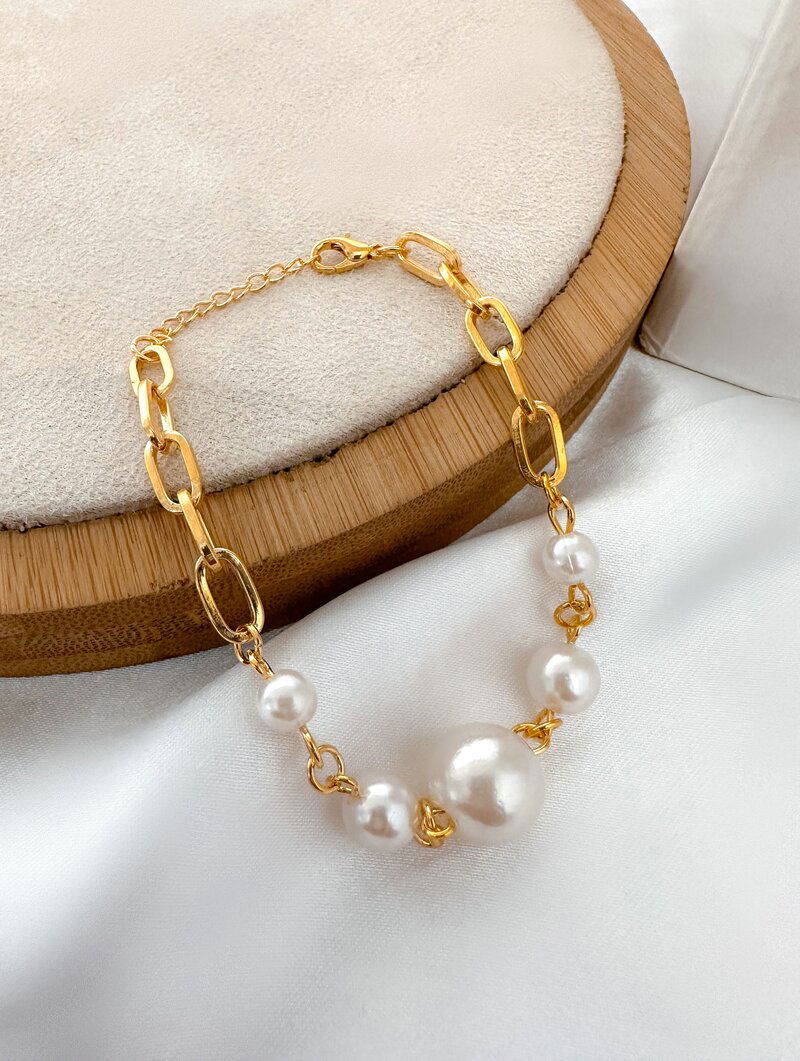 Pulseira Folheada a Ouro 18k Elos com Pérolas