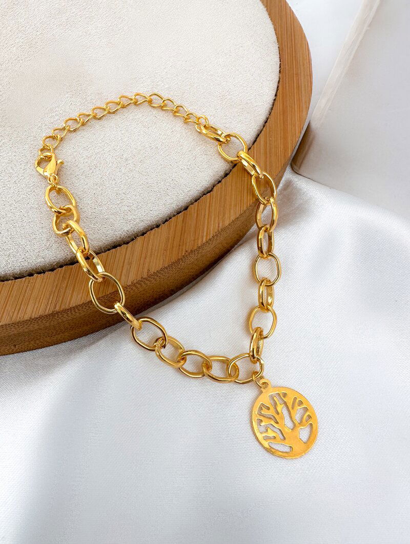 Pulseira Folheada a Ouro 18k Elos com Pingente Árvore da Vida