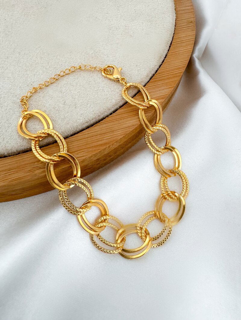 Pulseira Folheada a Ouro 18k Elos Duplo Texturizados