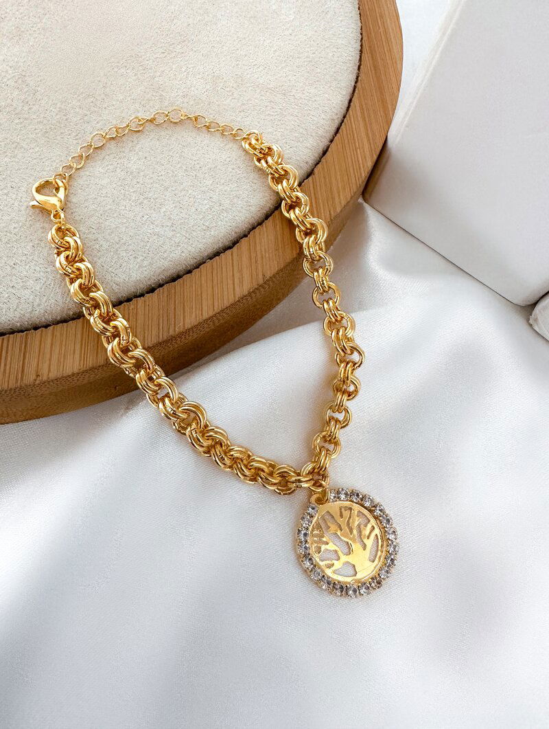 Pulseira Folheada a Ouro 18k Elos Duplos com Pingente Árvore da Vida
