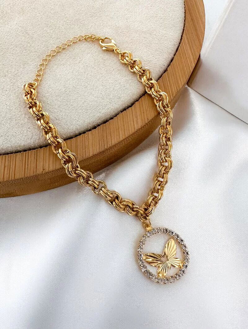 Pulseira Folheada a Ouro 18k Elos Duplos com Pingente Borboleta