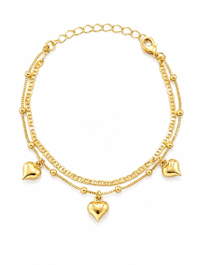 Pulseira Folheada a Ouro 18k Elos e Corações