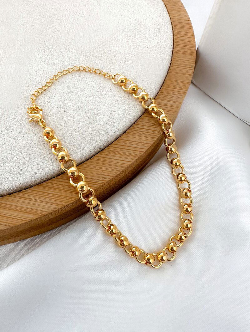 Pulseira Folheada a Ouro 18k Elos Redondos com Esferas