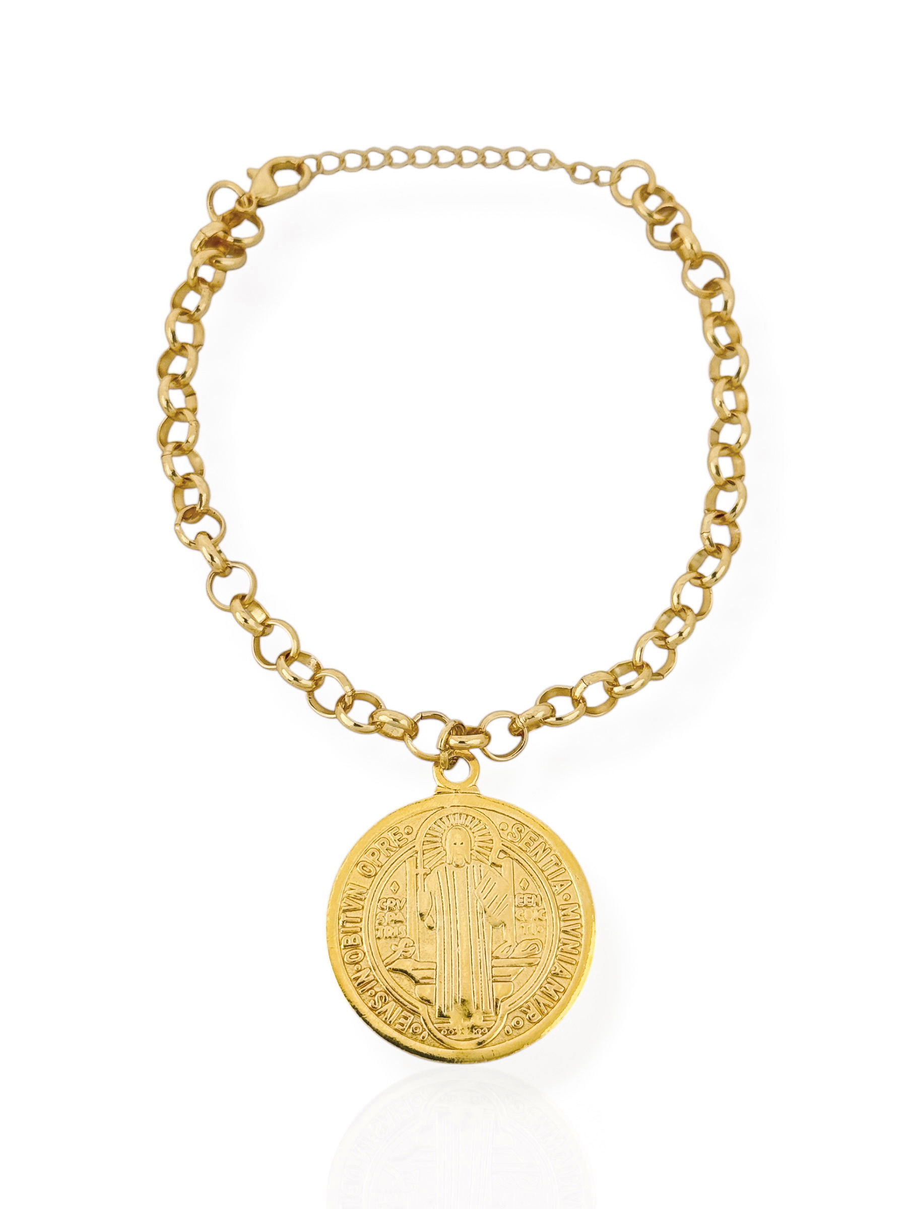 Pulseira Folheada a Ouro 18k Elos Redondos e Medalha de 'São Bento'