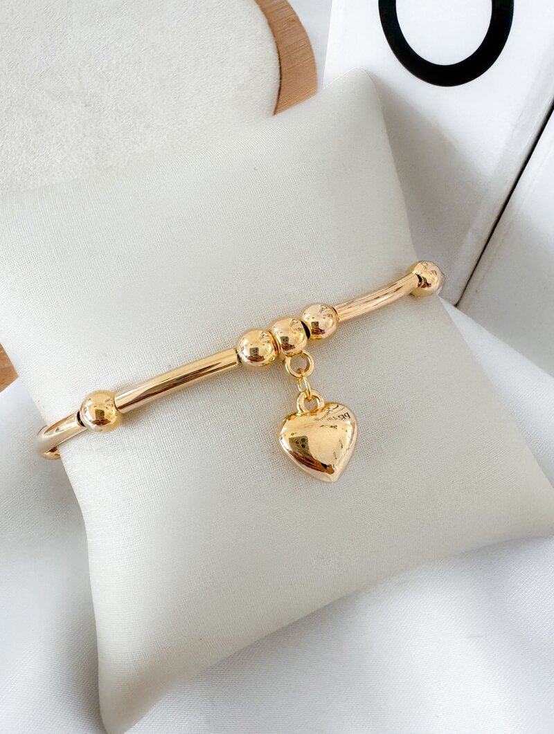 Pulseira Folheada a Ouro 18k Entremeios Lisos com Esferas e Coração
