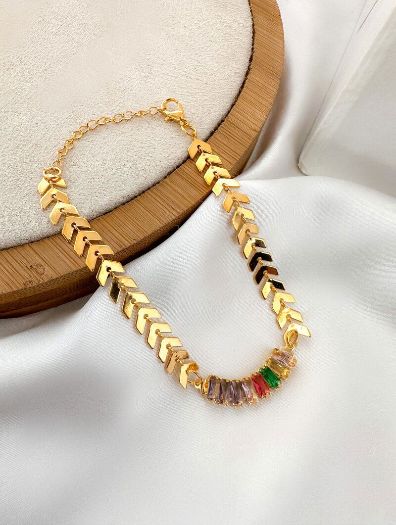 Pulseira Folheada a Ouro 18k Escamas com Navetes Coloridas