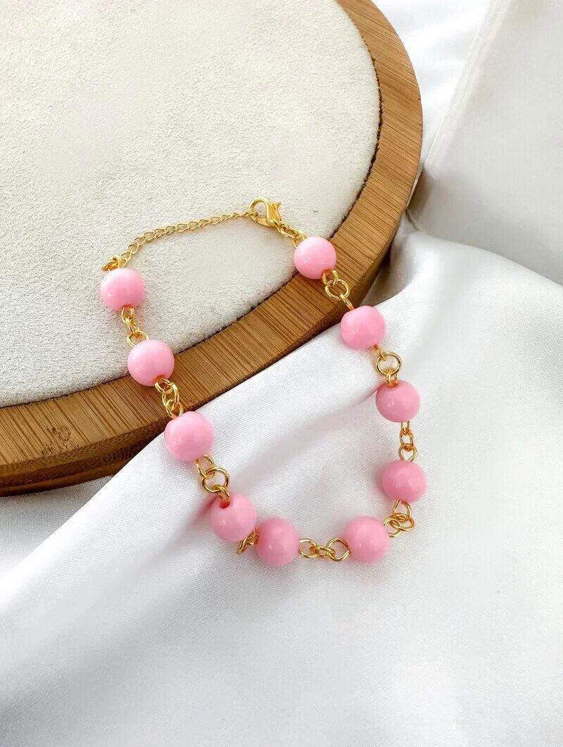 pulseira folheada a ouro 18k esferas rosa