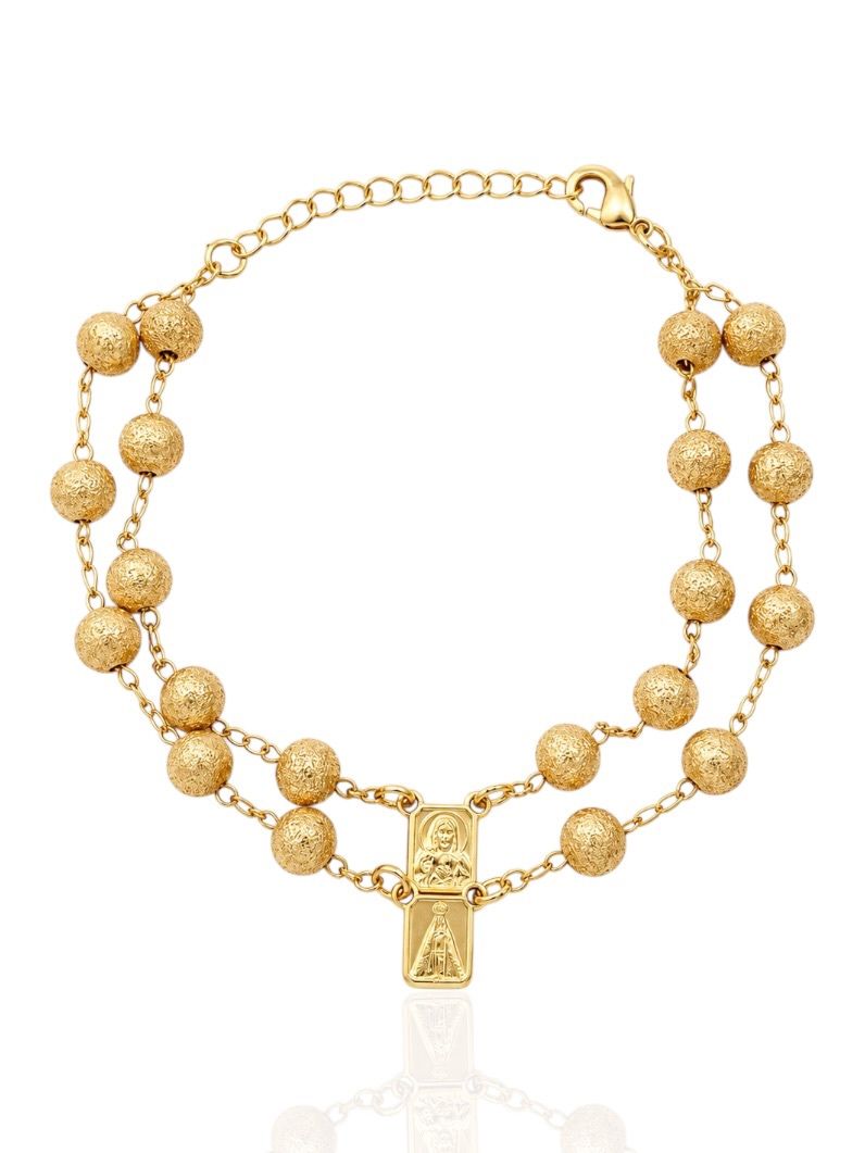 Pulseira Folheada a Ouro 18k Esferas Texturizada Com Nossa Senhora