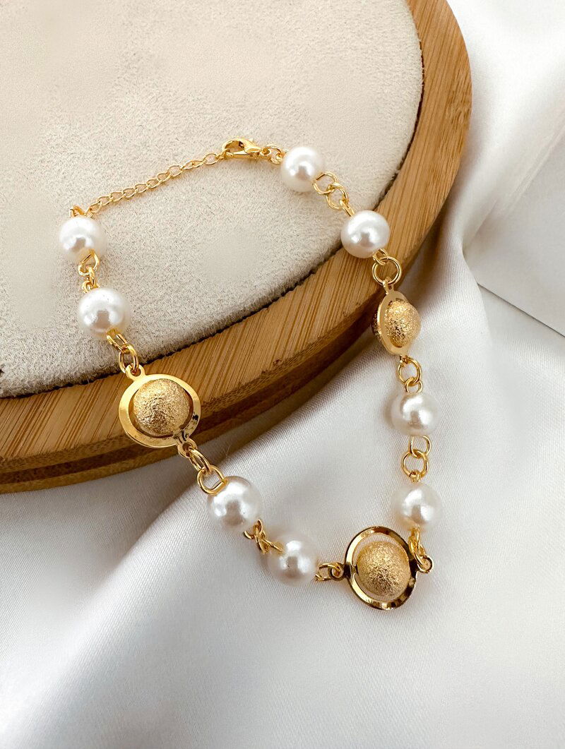 Pulseira Folheada a Ouro 18k Esferas Texturizadas com Pérolas