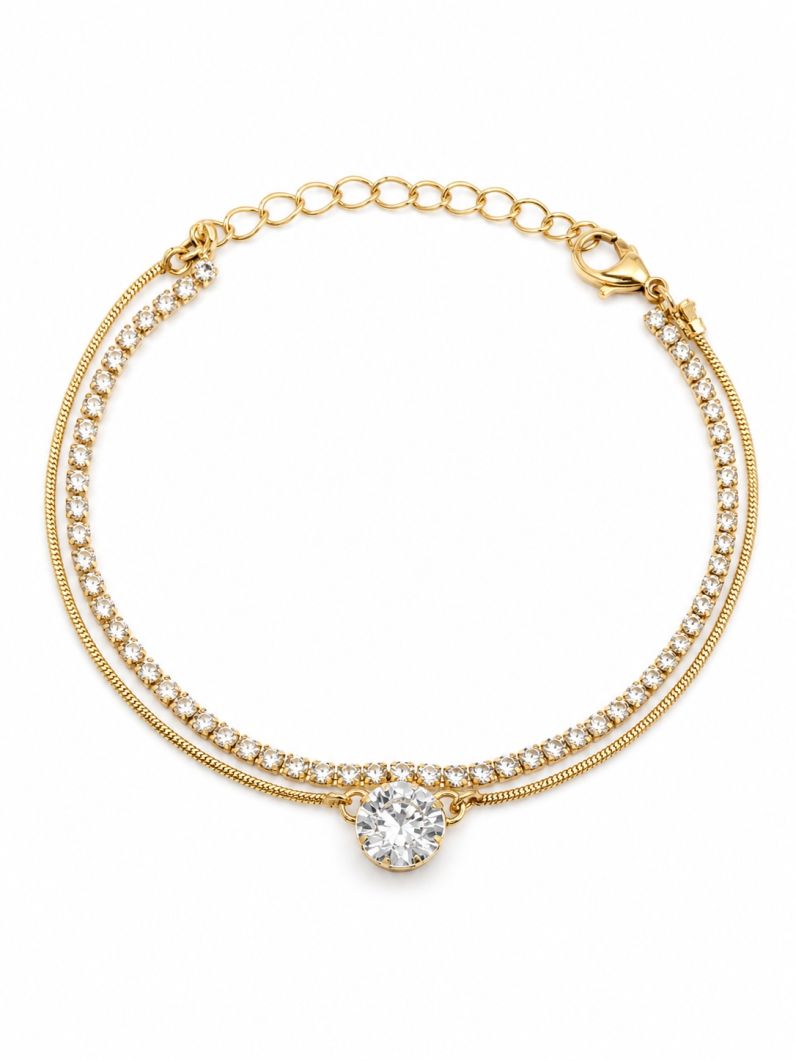 Pulseira Folheada a Ouro 18k Fio Duplo Cravejado e Liso
