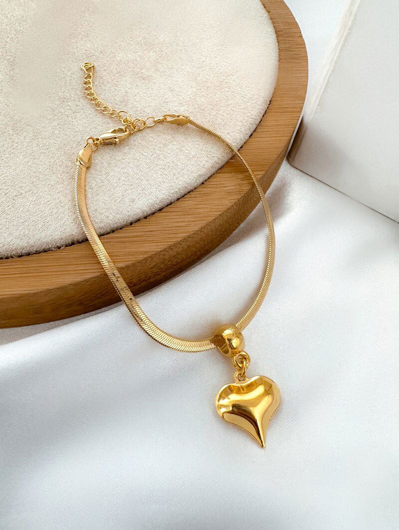 Pulseira Folheada a Ouro 18k Fita Laminada com Coração