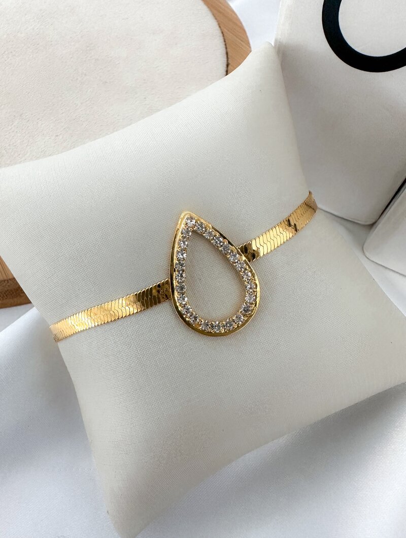 Pulseira Folheada a Ouro 18k Fita Laminada com Gota Cravejada