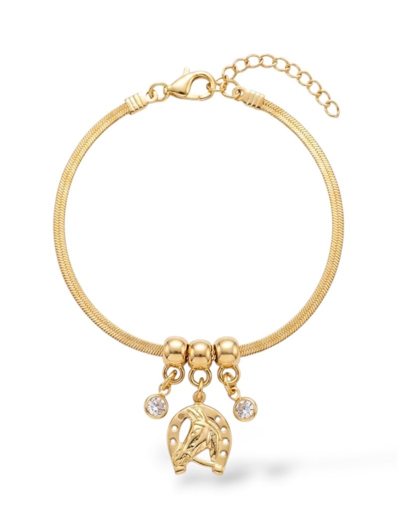 Pulseira Folheada a Ouro 18k Fita Laminada Com Pingente Cowboy e Cristal