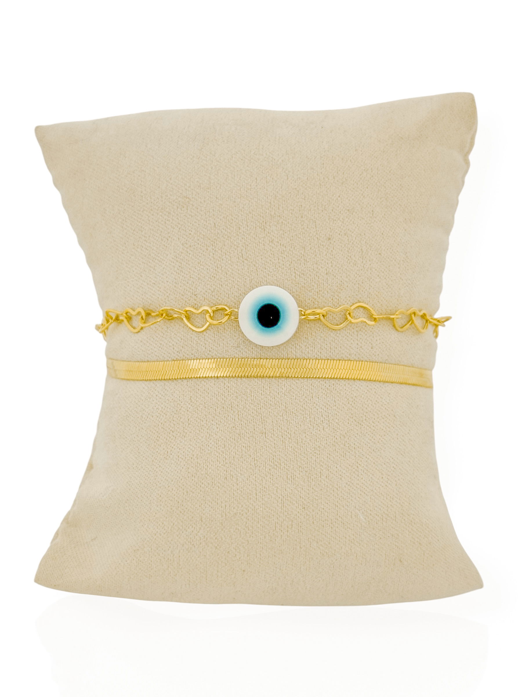 Pulseira Folheada a Ouro 18k Fita Laminada e elos de Coração com Oho Grego