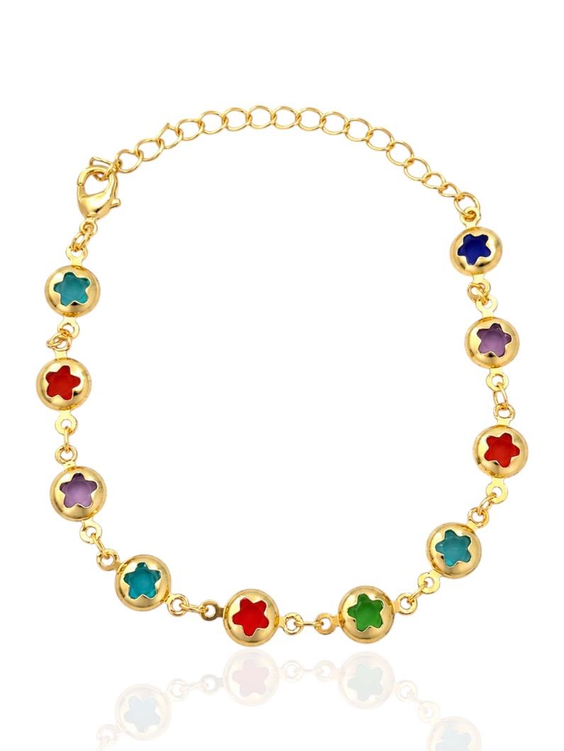 Pulseira Folheada a Ouro 18k Flores Coloridas