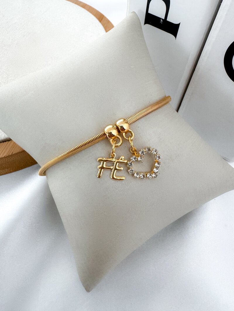 Pulseira Folheada a Ouro 18k Malha com Pingentes Fé, Coração