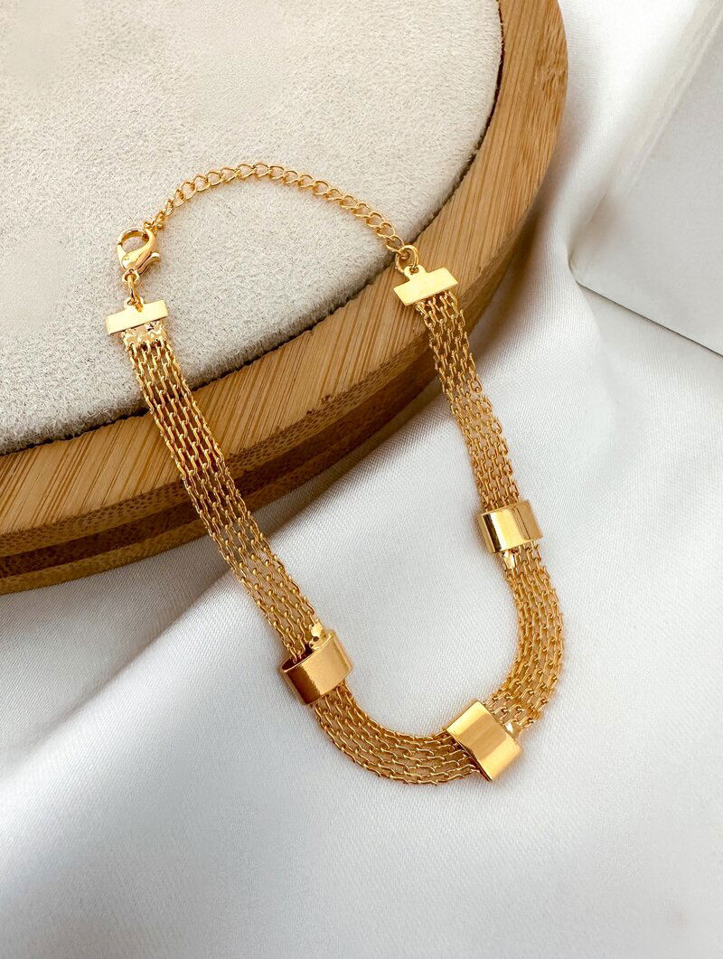 Pulseira Folheada a Ouro 18k Manta com Entremeios Lisos