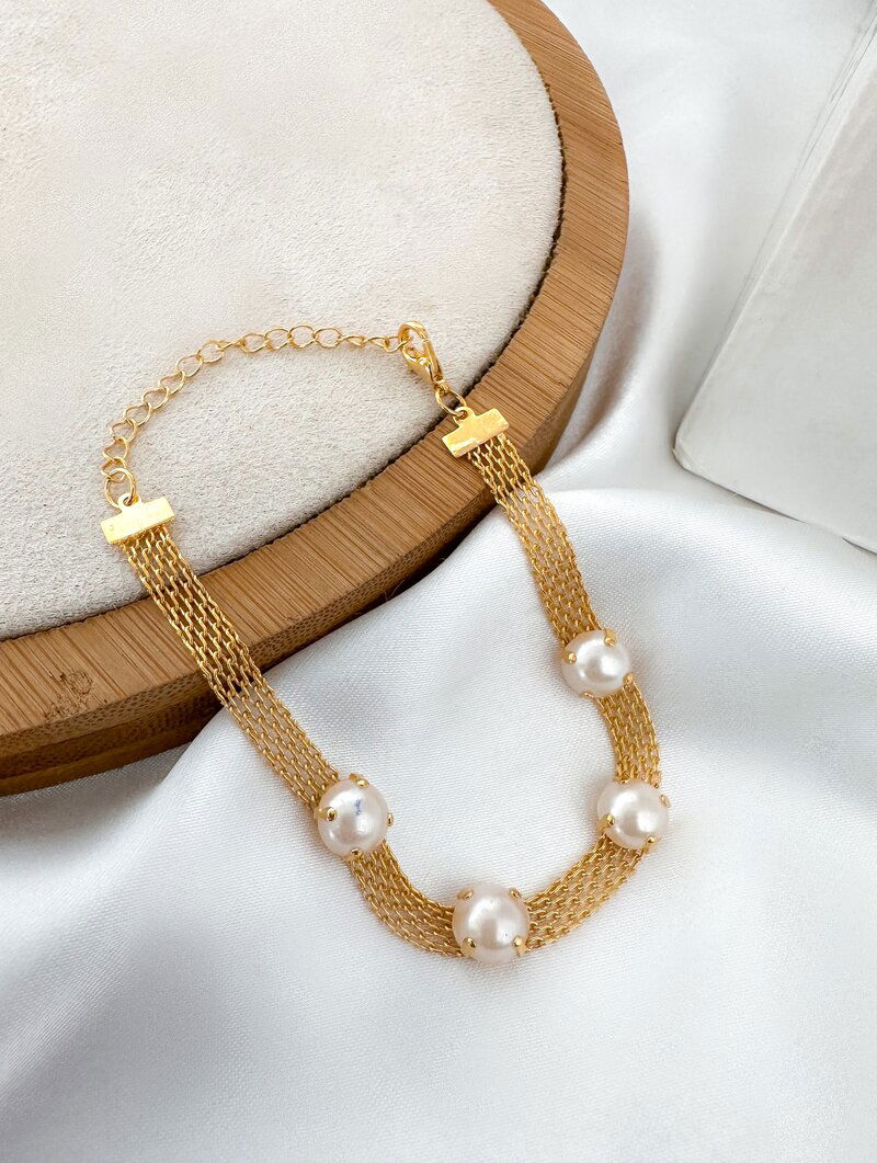 Pulseira Folheada a Ouro 18k Manta com Pérolas
