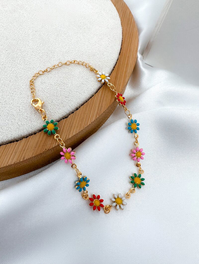 Pulseira Folheada a Ouro 18k Margaridas Coloridas
