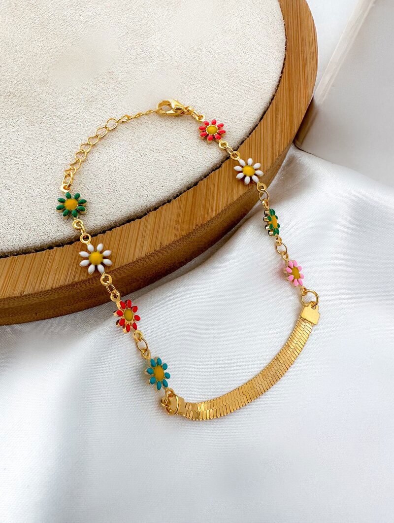 Pulseira Folheada a Ouro 18k Margaridas Coloridas com Fita Laminada