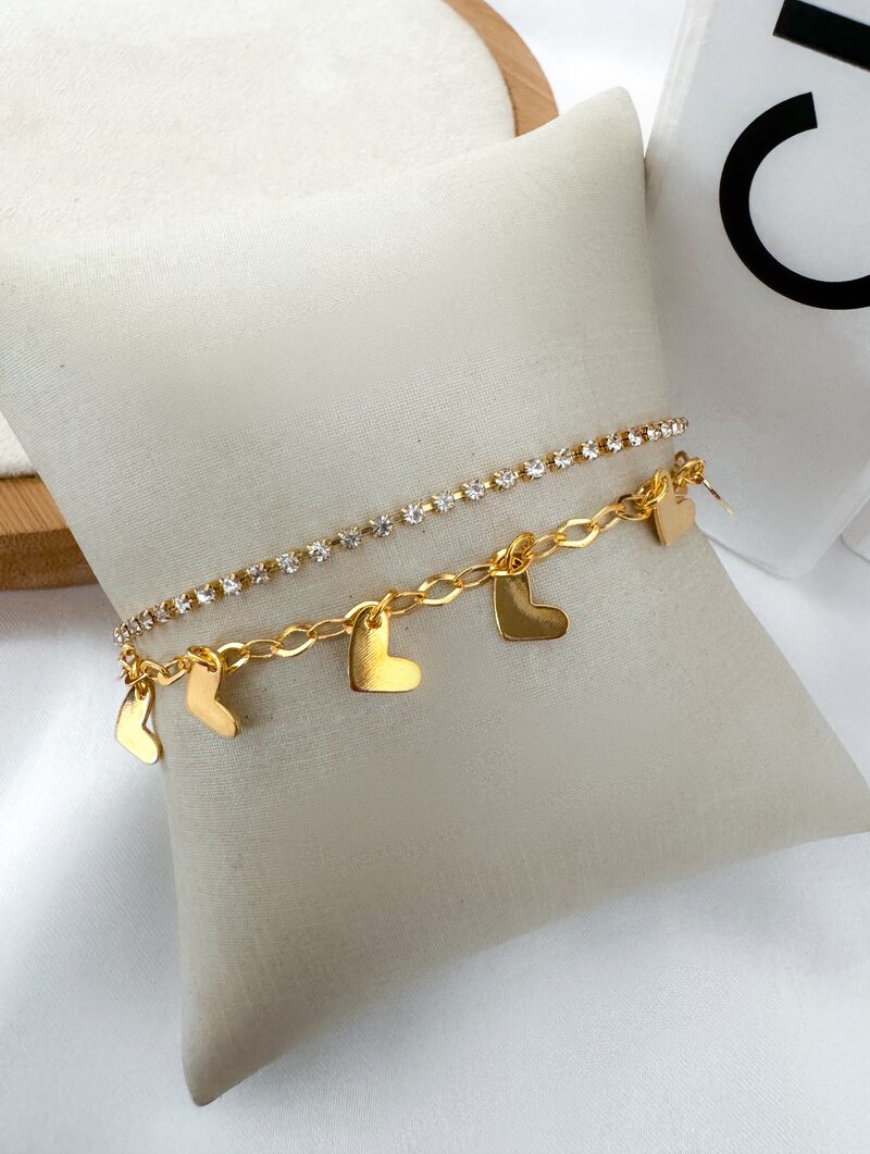 Pulseira Folheada a Ouro 18k Micro Zircônias e Corações Lisos