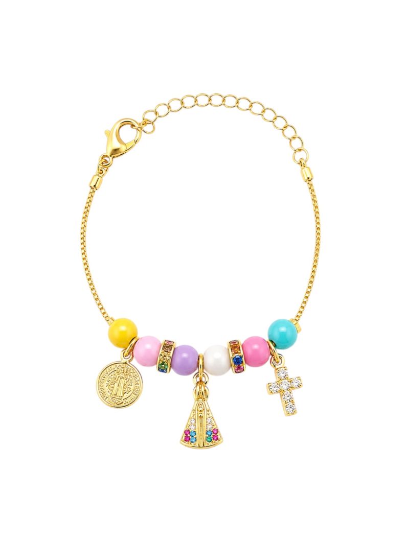 Pulseira Infantil Folheada a Ouro 18k Missangas Coloridas e Nossa Senhora