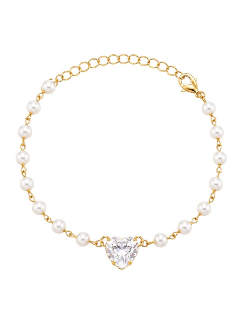 Pulseira Folheada a Ouro 18k Pérolas e Coração Cristal