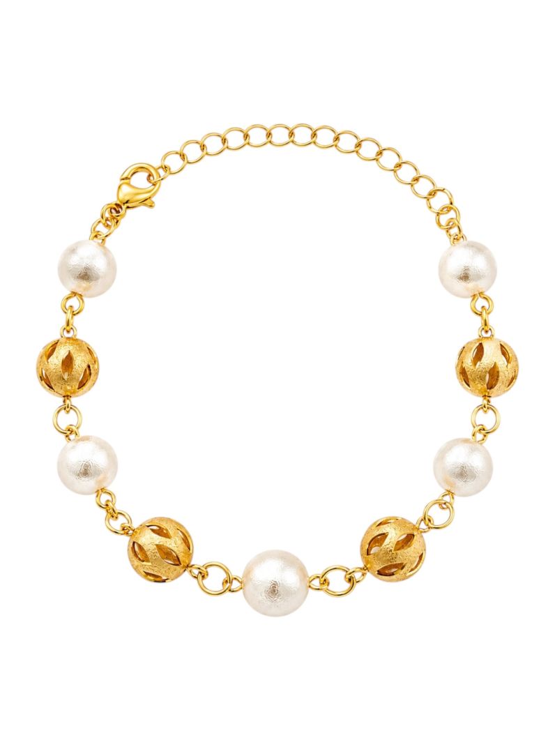 Pulseira Folheada a Ouro 18k Pérolas e Esferas Texturizadas