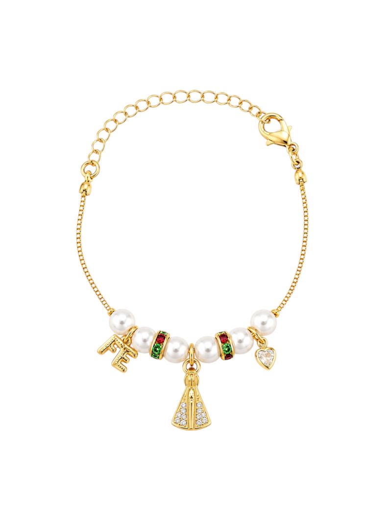Pulseira Infantil Folheada a Ouro 18k Perolas, Fé e Nossa Senhora
