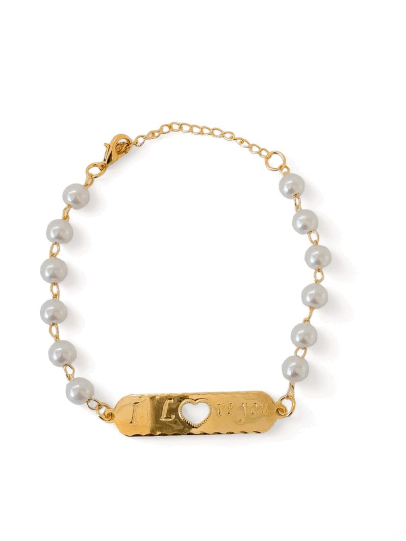 Pulseira Folheada a Ouro 18k Placo 'I Love You' Com perolas
