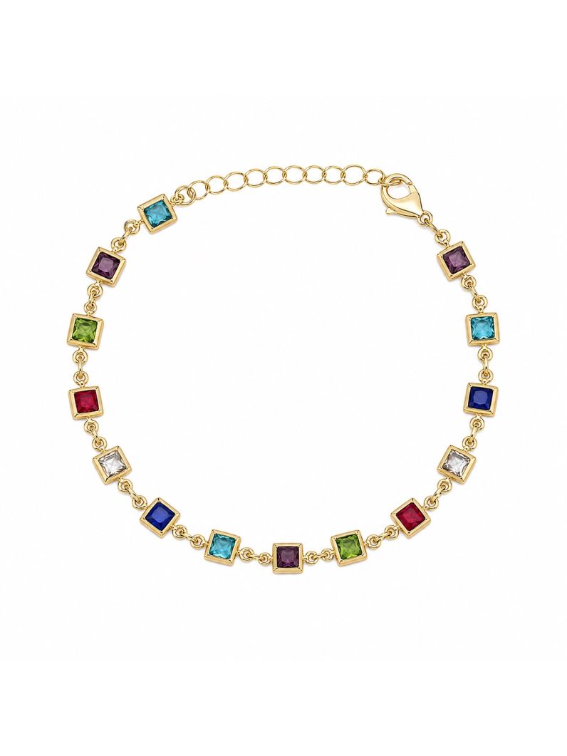 Pulseira Folheada a Ouro 18k Quadrado Cristal Colorido