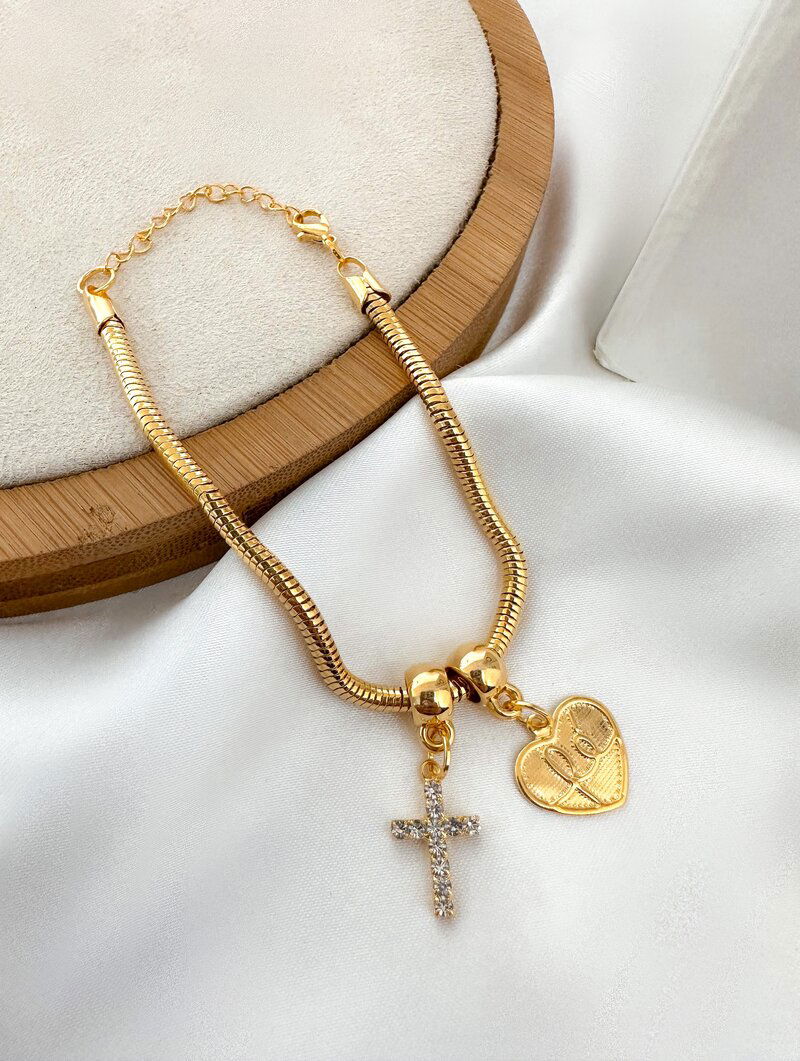 Pulseira Folheada a Ouro 18k Rabo de Tatu com Crucifixo e Coração Fé