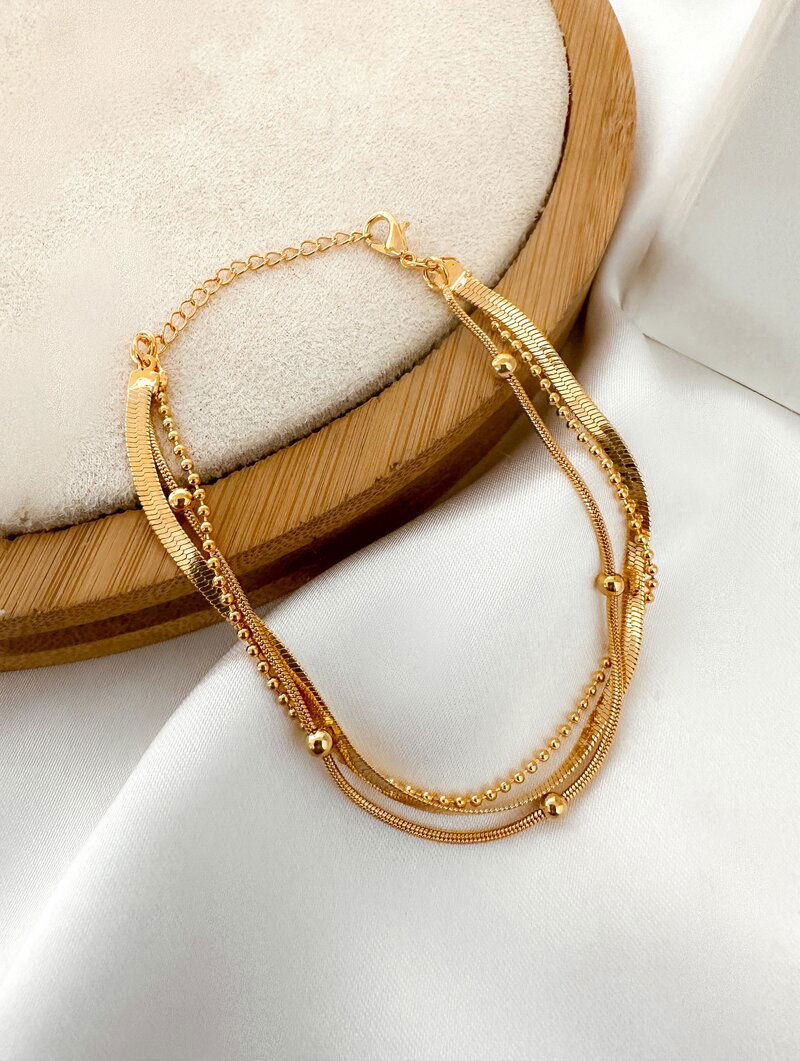 Pulseira Folheada a Ouro 18k Três Fios com Fita Laminada e Esferas