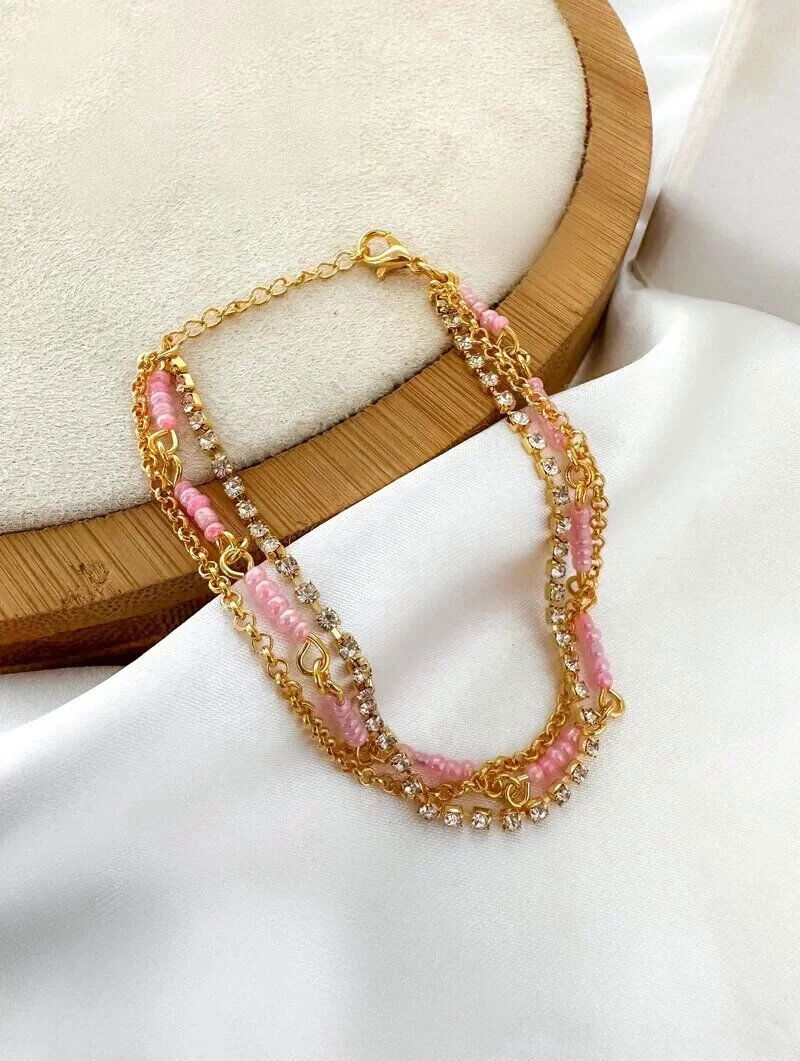 pulseira folheada a ouro 18k três fios com micro zircônias e miçangas