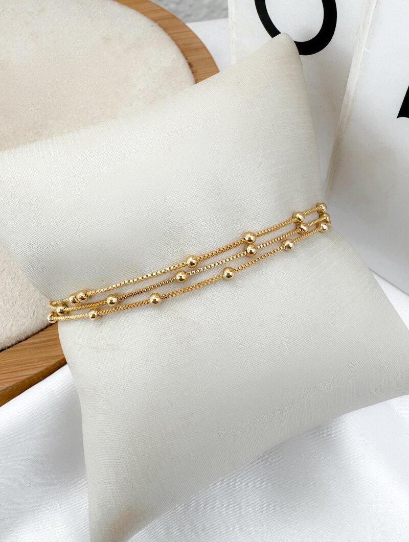 Pulseira Folheada a Ouro 18k Três Fios com Mini Esferas