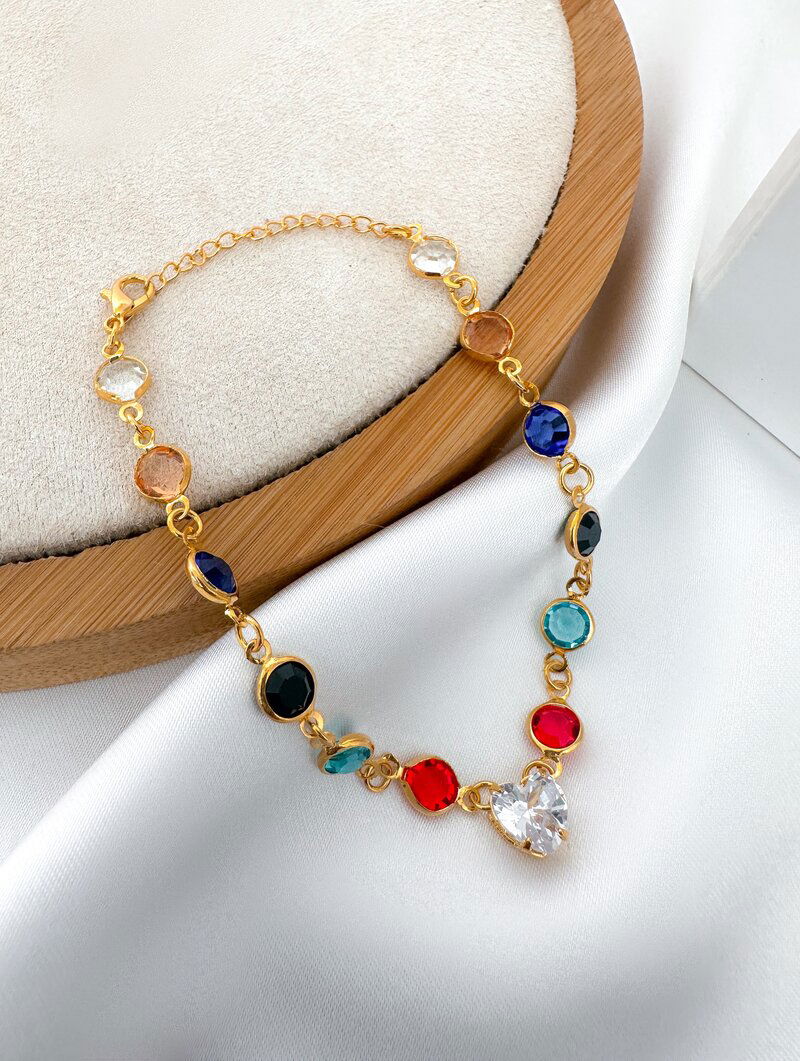 Pulseira Folheada a Ouro 18k Zircônias Coloridas com Coração