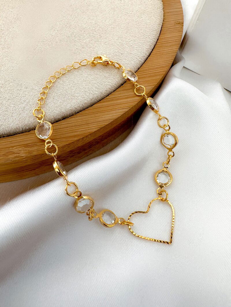 Pulseira Folheada a Ouro 18k Zircônias com Coração Vazado