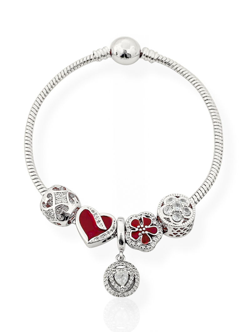 Pulseira Semi Joia Folheada a Prata 925 Com Berloques Coração e Flor, Cravejados e Resinado