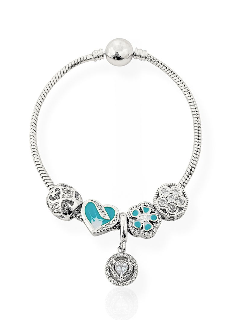 Pulseira Semi Joia Folheada a Prata 925 Com Berloques Coração e Flor, Cravejados e Resinado