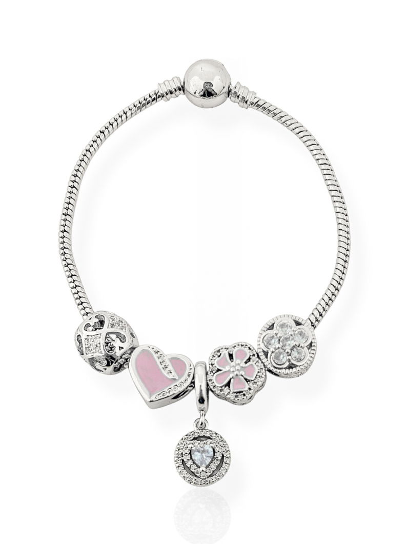 Pulseira Semi Joia Folheada a Prata 925 Com Berloques Coração e Flor, Cravejados e Resinado