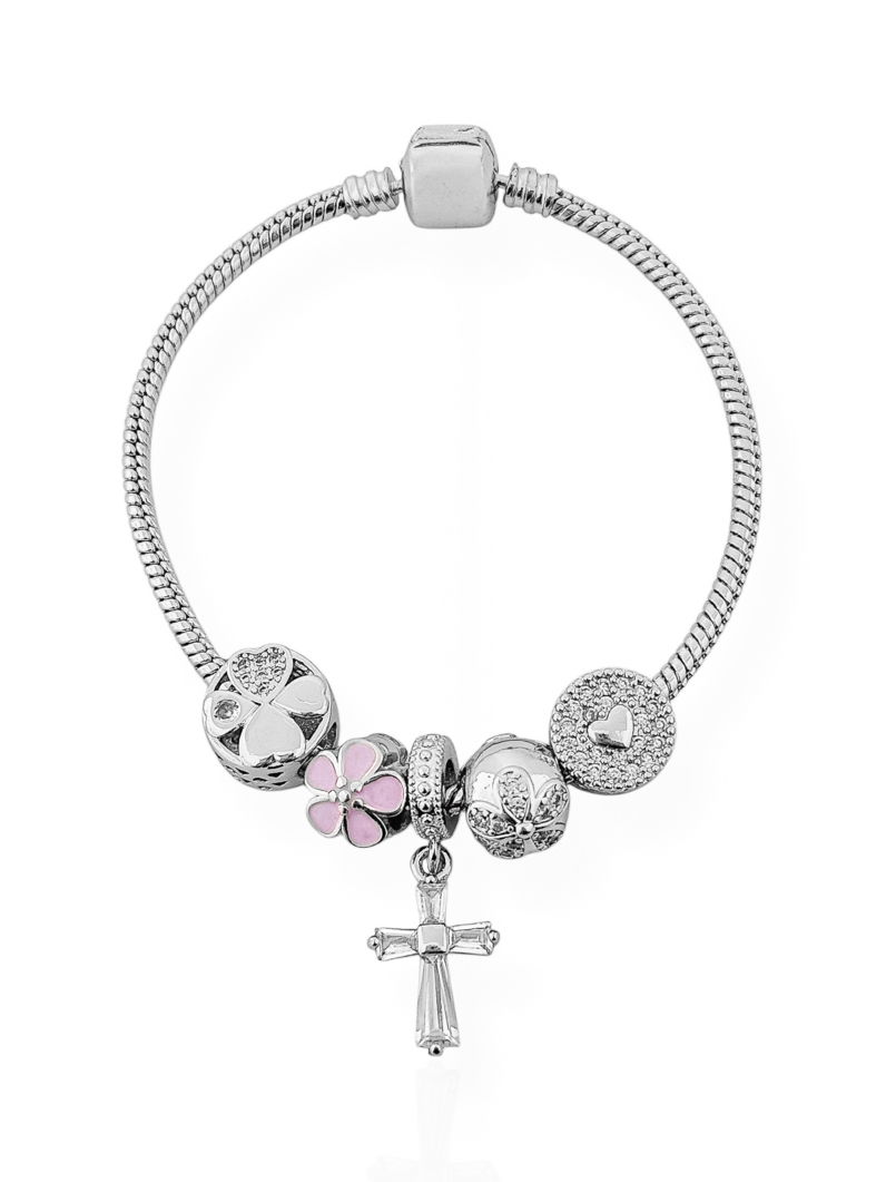 Pulseira Folheada a Prata 925 Com Berloques Cruz, Coração e Flor