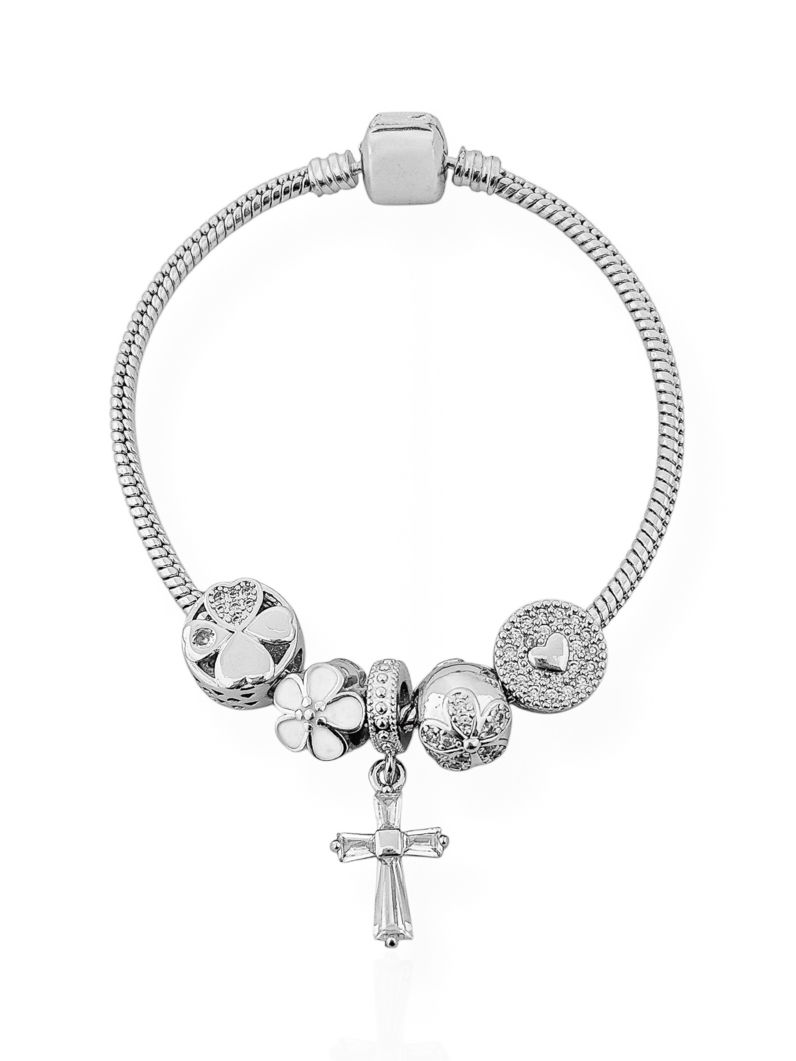 Pulseira Folheada a Prata 925 Com Berloques Cruz, Coração e Flor
