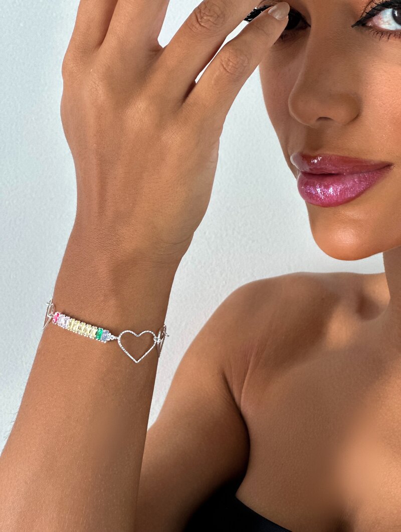 Pulseira Folheada a Prata 925 Corações Vazados com Navetes Coloridas