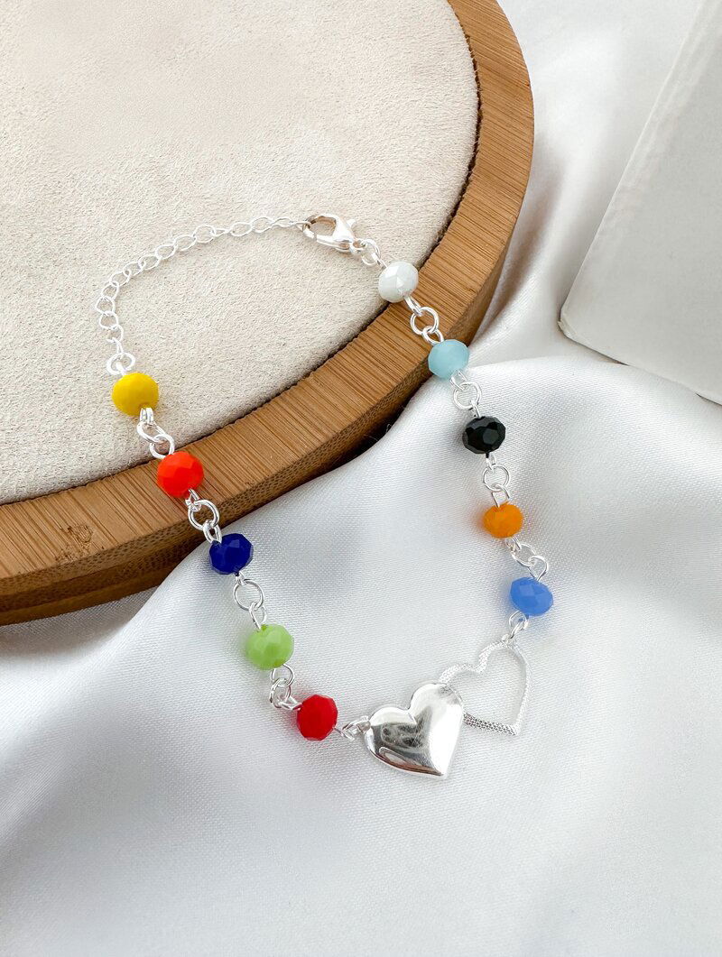 Pulseira Folheada a Prata 925 Cristais Coloridos com Corações