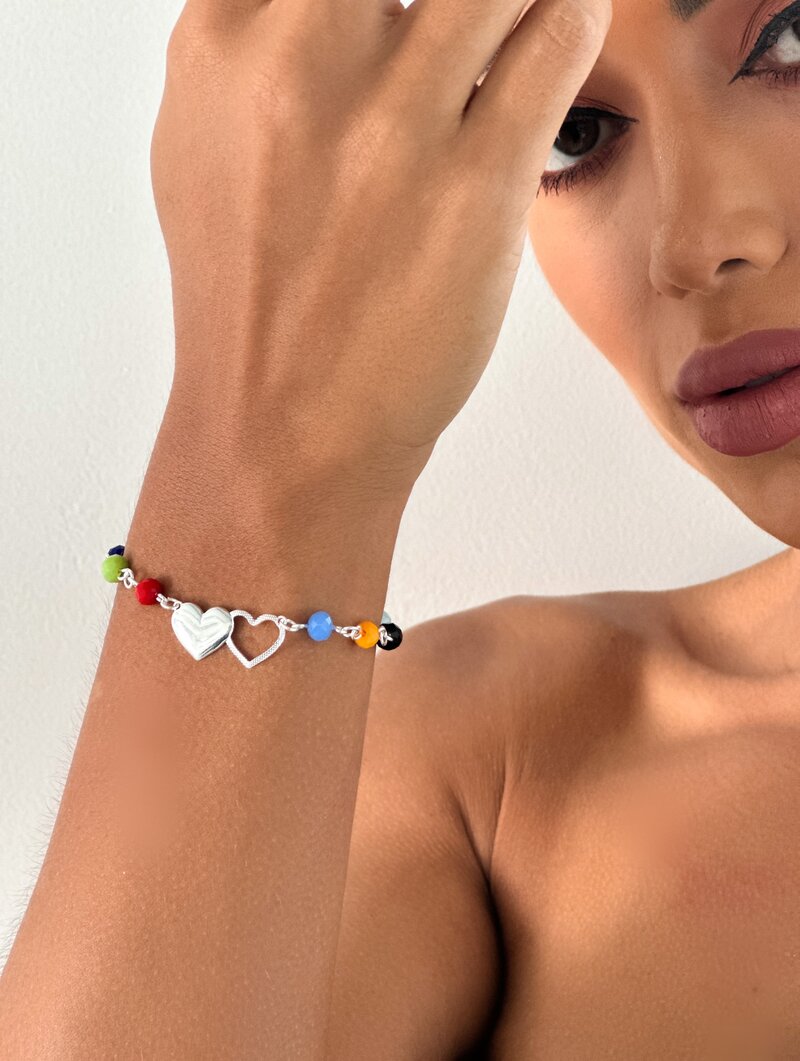 Pulseira Folheada a Prata 925 Cristais Coloridos com Corações