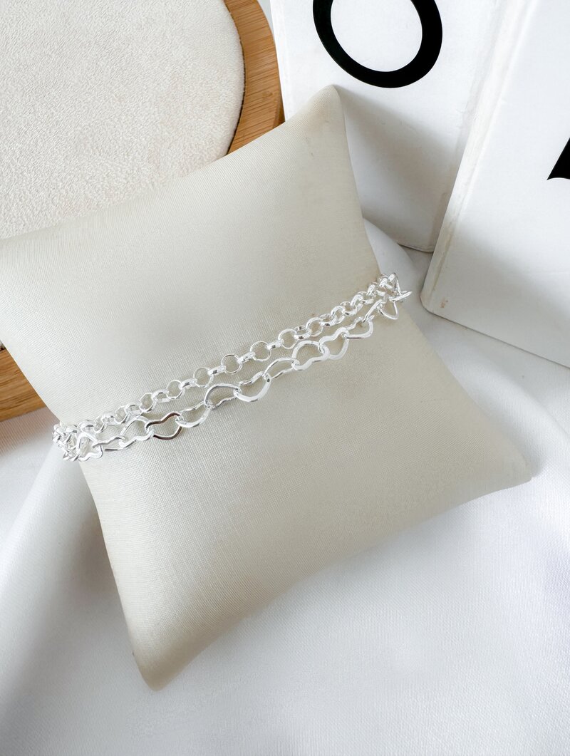 Pulseira Folheada a Prata 925 Dois Fios com Corações e Elo Português