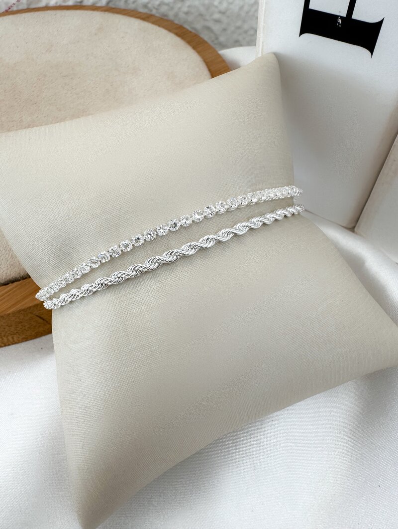 Pulseira Folheada a Prata 925 Dois Fios com Cordão Baiano e Micro Zircônias