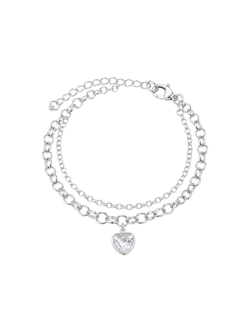 Pulseira Folheada a Prata 925 Elos e Coração Cristal